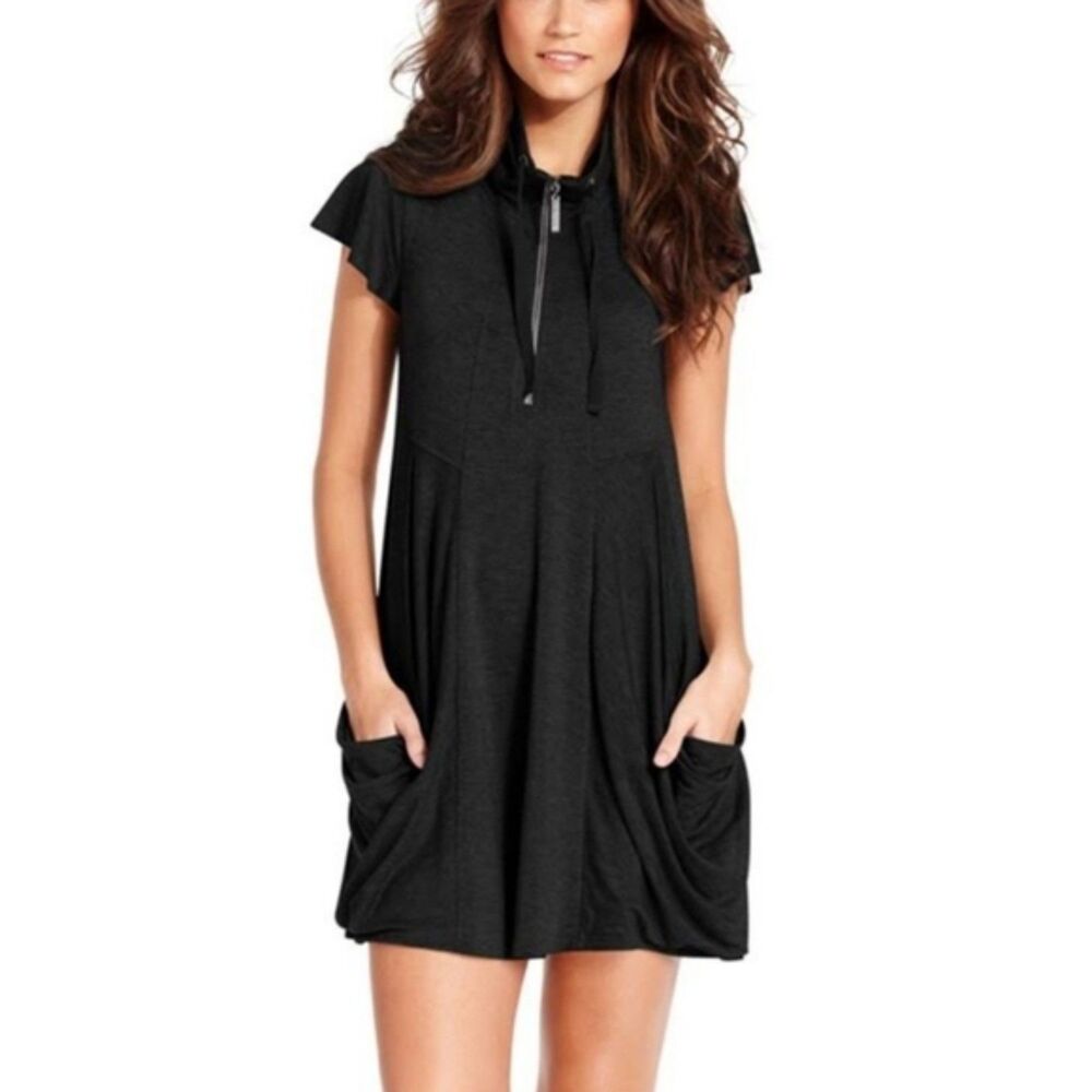 Kensie Women's Drapey French-Terry Short Sleeve Mini Dress. Black. Medium. Cute.